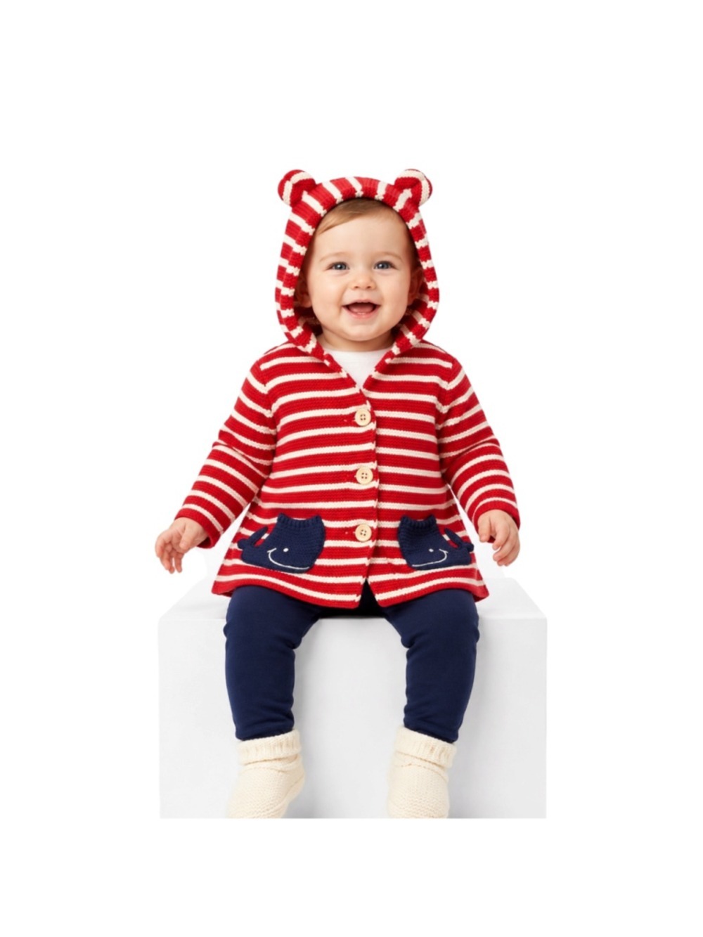 Baby Gap Red Striped Hooded Cardigan Whale Pockets 6–12 Months